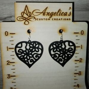 Heart and Flower Wood Drop Earrings